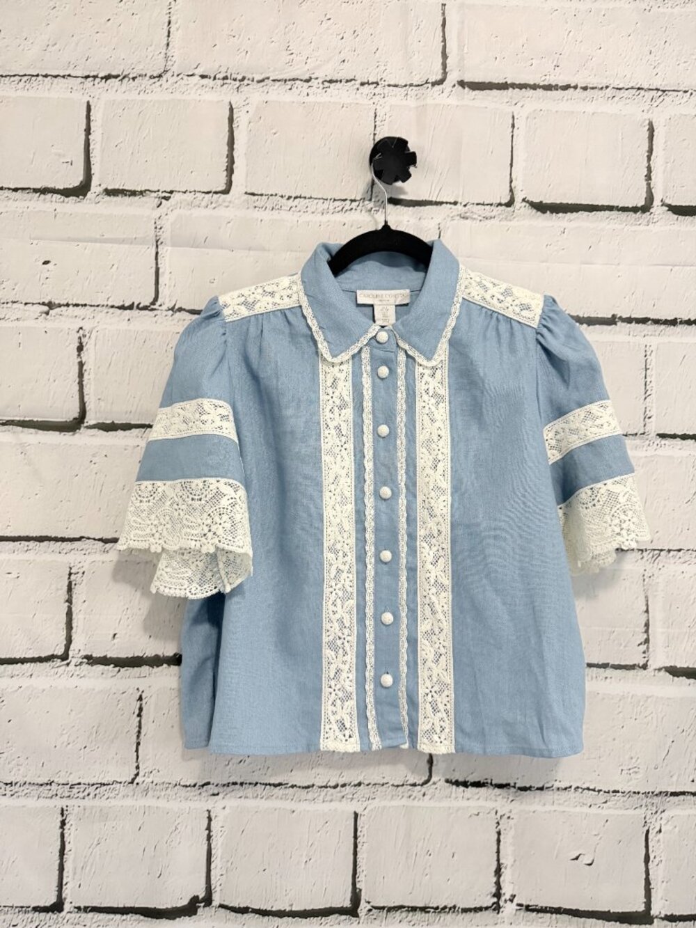 NWT Caroline Constas Blue Linen Lace Blouse Top Size S Cottagecore Boho - Picture 3 of 12
